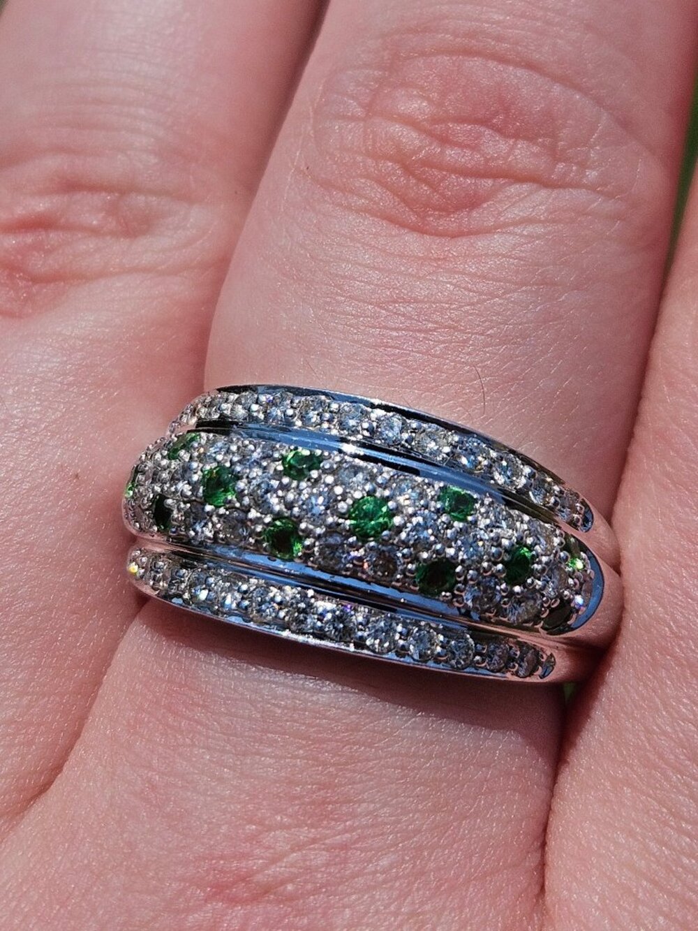 14K White Gold Tsavorite & Diamond Wide Band Cocktail Statement Ring Size 9